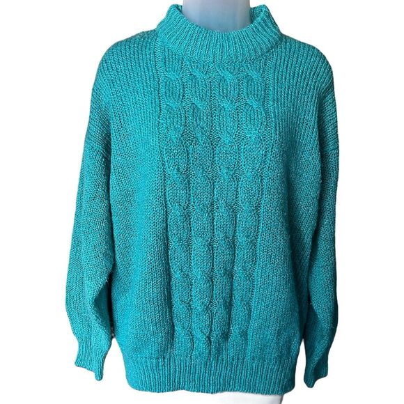 Vtg 80s Bristol Court Green Mock Neck Cableknit Grandma Sweater Sz M Chunky Knit - Picture 7 of 9